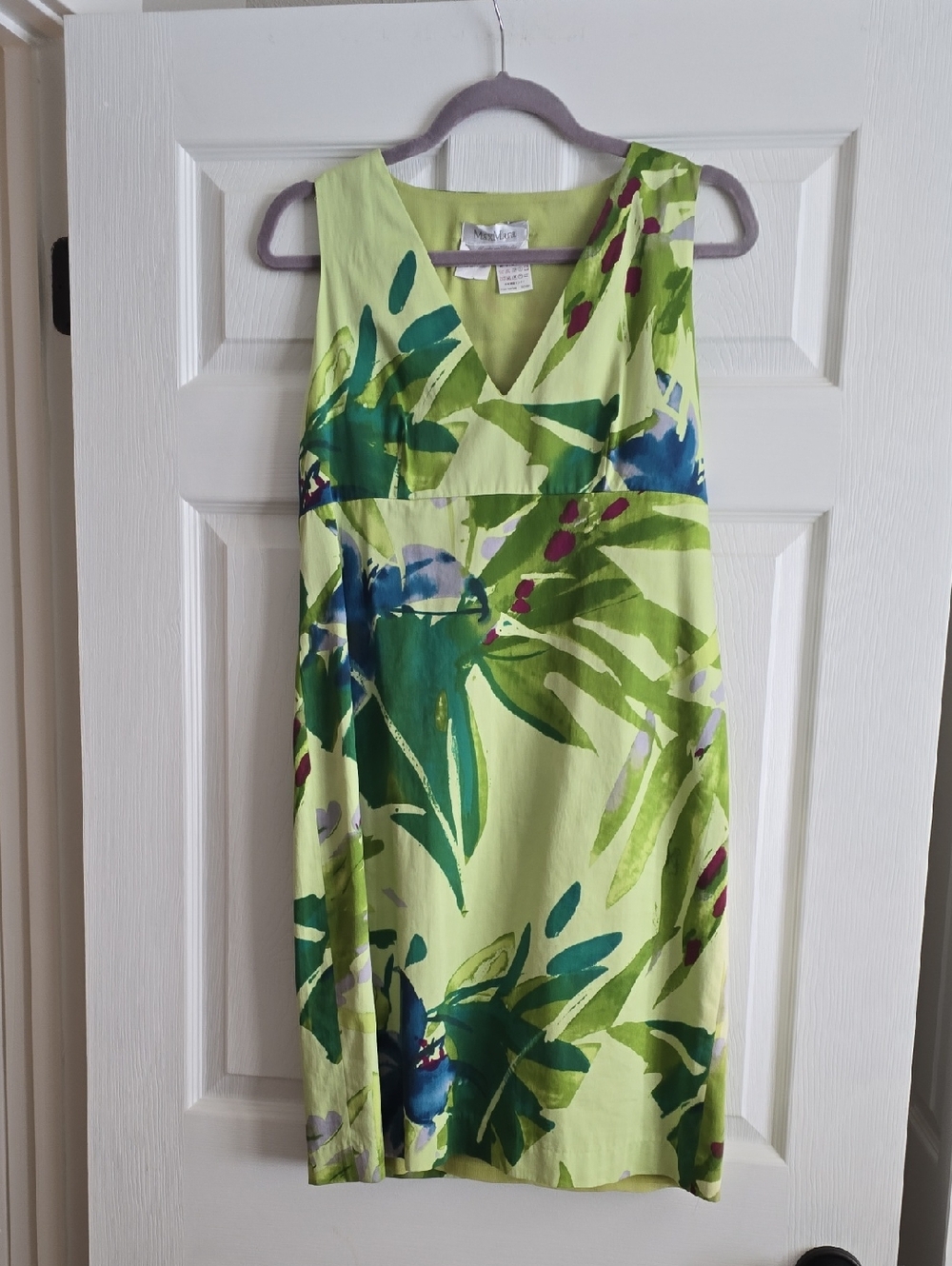 MaxMara Lime Green Tropical-Print V-Neck Midi Dress